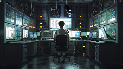 A male IT worker sits at his desk in front of computer monitors and looking computer screen, seen from behind and looking over the of an AI system that processes data on monitor displaying code
