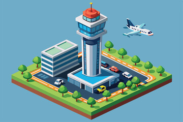 Poster - A vibrant isometric illustration showcases a busy airport tower surrounded by vehicles, trees, and an airplane flying overhead on a sunny day