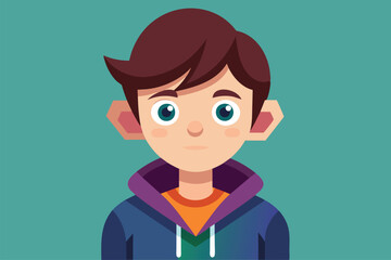 Sticker - A young boy with casual attire gazes thoughtfully with a neutral expression, showcasing a flat design style against a vibrant backdrop