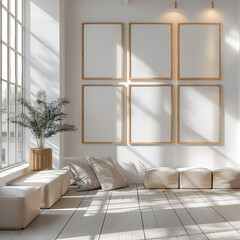 Poster - a mockup of an empty wall with 6 light wooden frames, white background with natural light, minimalis