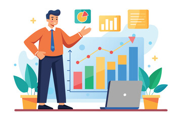 Poster - A man gestures towards growth charts on a screen while standing confidently in a well-lit office space, showcasing data analysis