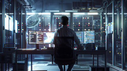 A male IT worker sits at his desk in front of computer monitors and looking computer screen, seen from behind and looking over the of an AI system that processes data on monitor displaying code
