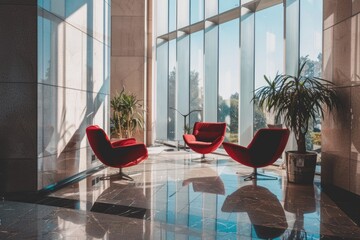 Wall Mural - Two red chairs side by side, simple and minimalist composition