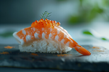 Close up photo of appetizing sushi with shrimp and caviar. Traditional japanese raw fish ebi with rice and prawn. Delicious, appetizing presentation of traditional cuisine.