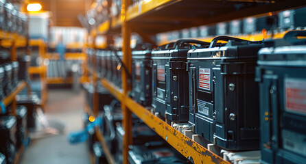 Aufkleber - A row of backup batteries, ready to provide emergency power supply during outages. Generative AI.