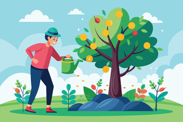 A man waters a tree adorned with coins while standing in a vibrant garden on a sunny day