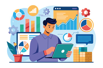 Canvas Print - A man uses a tablet to analyze infographics and diagrams, surrounded by colorful charts and graphs in a contemporary office environment