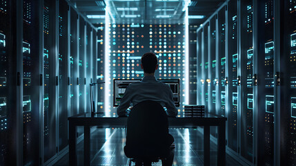 A male IT worker sits at his desk in front of computer monitors and looking computer screen, seen from behind and looking over the of an AI system that processes data on monitor displaying code
