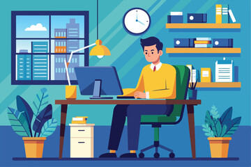 Sticker - A man is diligently working at his desk in a bright office filled with plants and organized shelves, showcasing a productive atmosphere