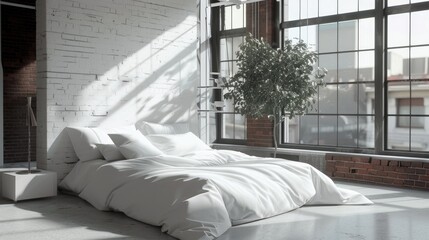 Poster - Modern loft room with white pillows and bed sheets.