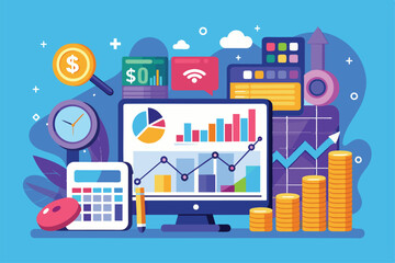 Wall Mural - A computer screen displays charts and graphs related to investment data, surrounded by financial tools like a calculator, clock, and currency symbols