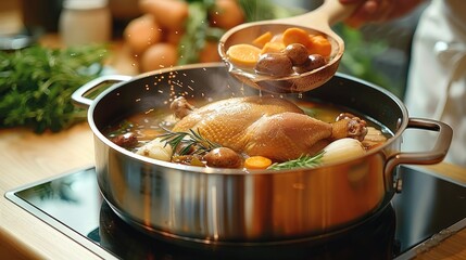 Wall Mural - A pot on a stove with a whole chicken being boiled. a person is holding a wooden spoon and pouring some broth back into the pot. the pot also contains some vegetables. Generative AI.