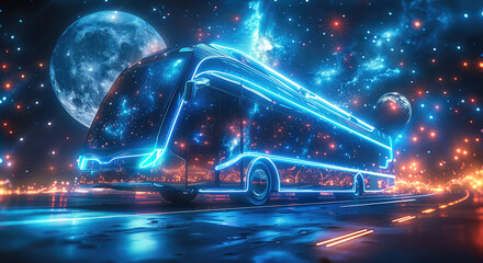 Poster - A futuristic bus traveling through interstellar space, sleek design with large panoramic windows, advanced propulsion systems glowing blue. The bus is near distant galaxies and nebulae. Generative AI.