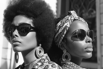 two fashion black women model posing on the street in the afro style of 70s, they wearing patterned 