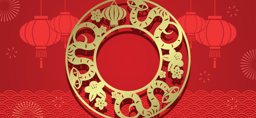 Wall Mural - Chinese new year of the snake round frame template background. New year of the snake gold paper cutting frame template for banner.