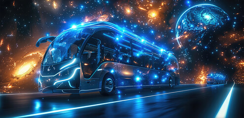 Poster - A futuristic bus traveling through interstellar space, sleek design with large panoramic windows, advanced propulsion systems glowing blue. The bus is near distant galaxies and nebulae. Generative AI.