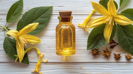 Top View of Essential Oil Bottle with Fresh Yellow Flowers and Leaves on White Wooden Background, Ideal for Skincare, Aromatherapy, and Wellness Campaigns, Perfect for Banners, Backgrounds, and Market