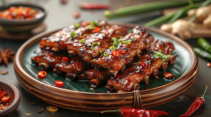 Wall Mural - A delicious plate of braised pork ribs is placed on a table carved with dense emerald green bamboo. The ribs are in an attractive, with scarlet chili peppers and bright ginger scattered on them.