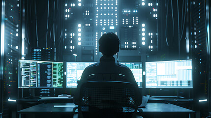 A male IT worker sits at his desk in front of computer monitors and looking computer screen, seen from behind and looking over the of an AI system that processes data on monitor displaying code
