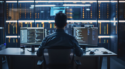 A male IT worker sits at his desk in front of computer monitors and looking computer screen, seen from behind and looking over the of an AI system that processes data on monitor displaying code
