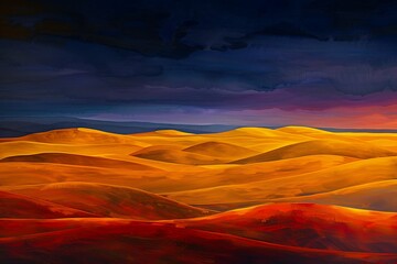 Abstract depiction of a desert at dusk, with rolling dunes in shades of gold and orange, under a sky of deep indigo and violet, calm and expansive.