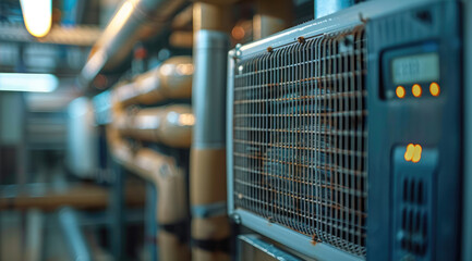 Aufkleber - A dirty air filter in an HVAC system, with visible dust particles, next to a digital energy consumption meter displaying high usage. Generative AI.