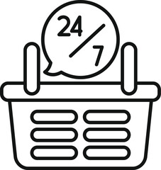 Poster - Line icon of a shopping basket and a speech bubble showing 247 availability, representing online shopping