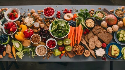 Wall Mural - A various healthy food items, arranged creatively on a long table. 