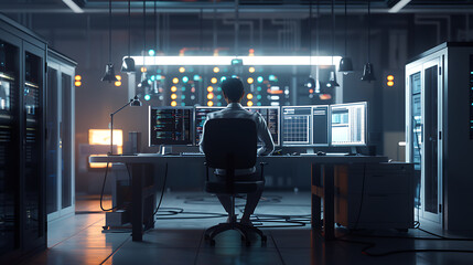 A male IT worker sits at his desk in front of computer monitors and looking computer screen, seen from behind and looking over the of an AI system that processes data on monitor displaying code
