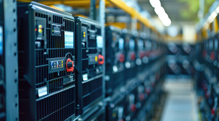 Fototapete - A row of backup batteries, ready to provide emergency power supply during outages. Generative AI.