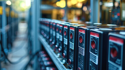 Aufkleber - A row of backup batteries, ready to provide emergency power supply during outages. Generative AI.