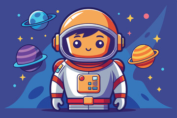 Poster - A cheerful astronaut stands amidst vibrant planets, exploring the wonders of space and embracing the joy of cosmic discovery