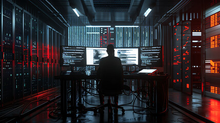 A male IT worker sits at his desk in front of computer monitors and looking computer screen, seen from behind and looking over the of an AI system that processes data on monitor displaying code
