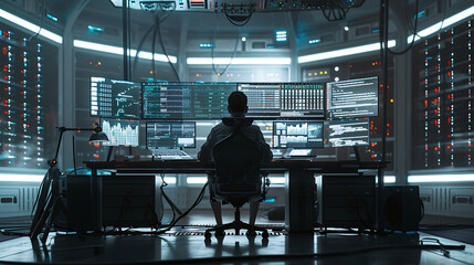A male IT worker sits at his desk in front of computer monitors and looking computer screen, seen from behind and looking over the of an AI system that processes data on monitor displaying code
