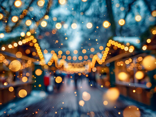 Wall Mural - A blurry image of a snowy street with people walking and lights hanging from the buildings. Scene is festive and lively, with the lights and people creating a sense of warmth