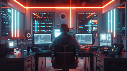 A male IT worker sits at his desk in front of computer monitors and looking computer screen, seen from behind and looking over the of an AI system that processes data on monitor displaying code
