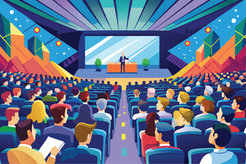 Wall Mural - A large audience attentively listens to a speaker presenting at a conference in a colorful venue designed for motivation and engagement