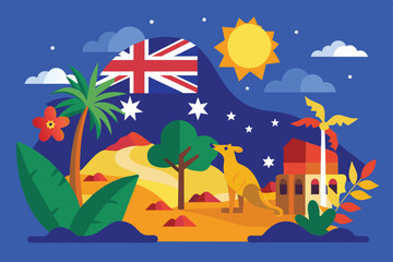 A colorful flat illustration showcases iconic Australian elements, including wildlife, flora, and the national flag, perfect for celebrating Australia Day