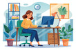© Iftikhar alam - A woman in a cozy workspace sits at her desk, focused on her computer and surrounded by plants and books, creating a vibrant work environment