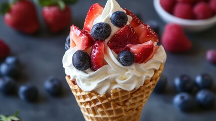 Frozen Yogurt with Berries in a Waffle Cone