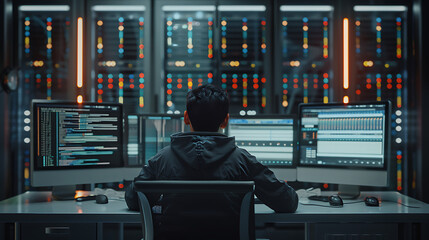 A male IT worker sits at his desk in front of computer monitors and looking computer screen, seen from behind and looking over the of an AI system that processes data on monitor displaying code
