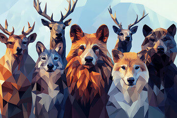 Animals illustrated in low poly style, each featuring geometric facets and angular designs