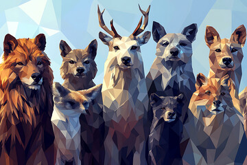 Animals illustrated in low poly style, each featuring geometric facets and angular designs