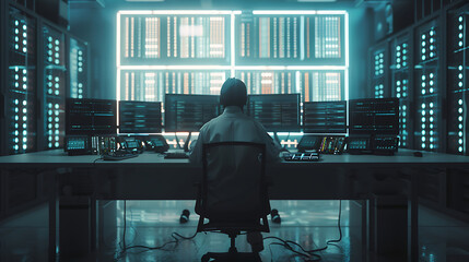 A male IT worker sits at his desk in front of computer monitors and looking computer screen, seen from behind and looking over the of an AI system that processes data on monitor displaying code
