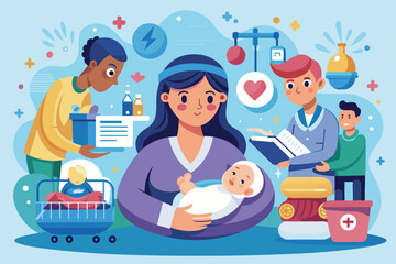 A mother cradles her newborn, surrounded by healthcare professionals and joyful symbols of new life and care in a colorful and engaging illustration