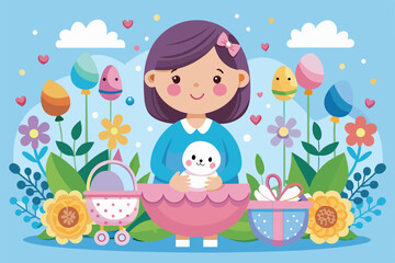 A cheerful woman holds a newborn in a cradle surrounded by colorful flowers, gifts, and a stroller, celebrating a joyful new beginning