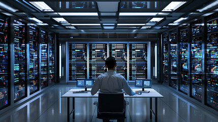 A male IT worker sits at his desk in front of computer monitors and looking computer screen, seen from behind and looking over the of an AI system that processes data on monitor displaying code
