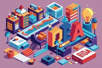 Canvas Print - A vibrant isometric illustration showcasing a lively urban environment filled with diverse buildings, pathways, and engaging activities in a colorful layout