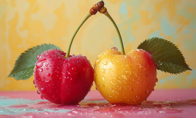 Canvas Print - Two cherries are shown with their stems still attached. The cherries are red and yellow, and they are surrounded by a leaf.