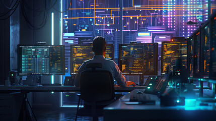 Neon light cloud computing futuristic technology and cloud storage illustration embodies network technologies cyberspace, showcasing a futuristic server in isometric perspective, dark background.